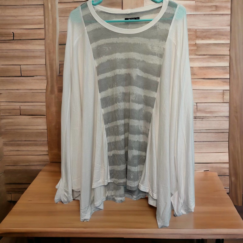 Michael Lauren Cream and Gray Sheer Striped Drape-Back Blouse